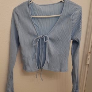 baby blue ripped tie front shirt/cardigan